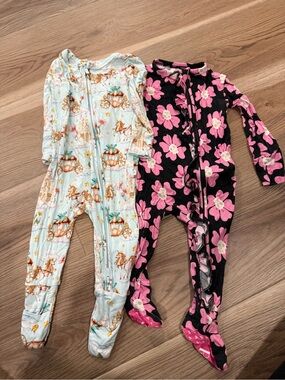 Posh Peanut Pink Skull Flowers & Light Blue Princess Carriage Footed One-Pieces